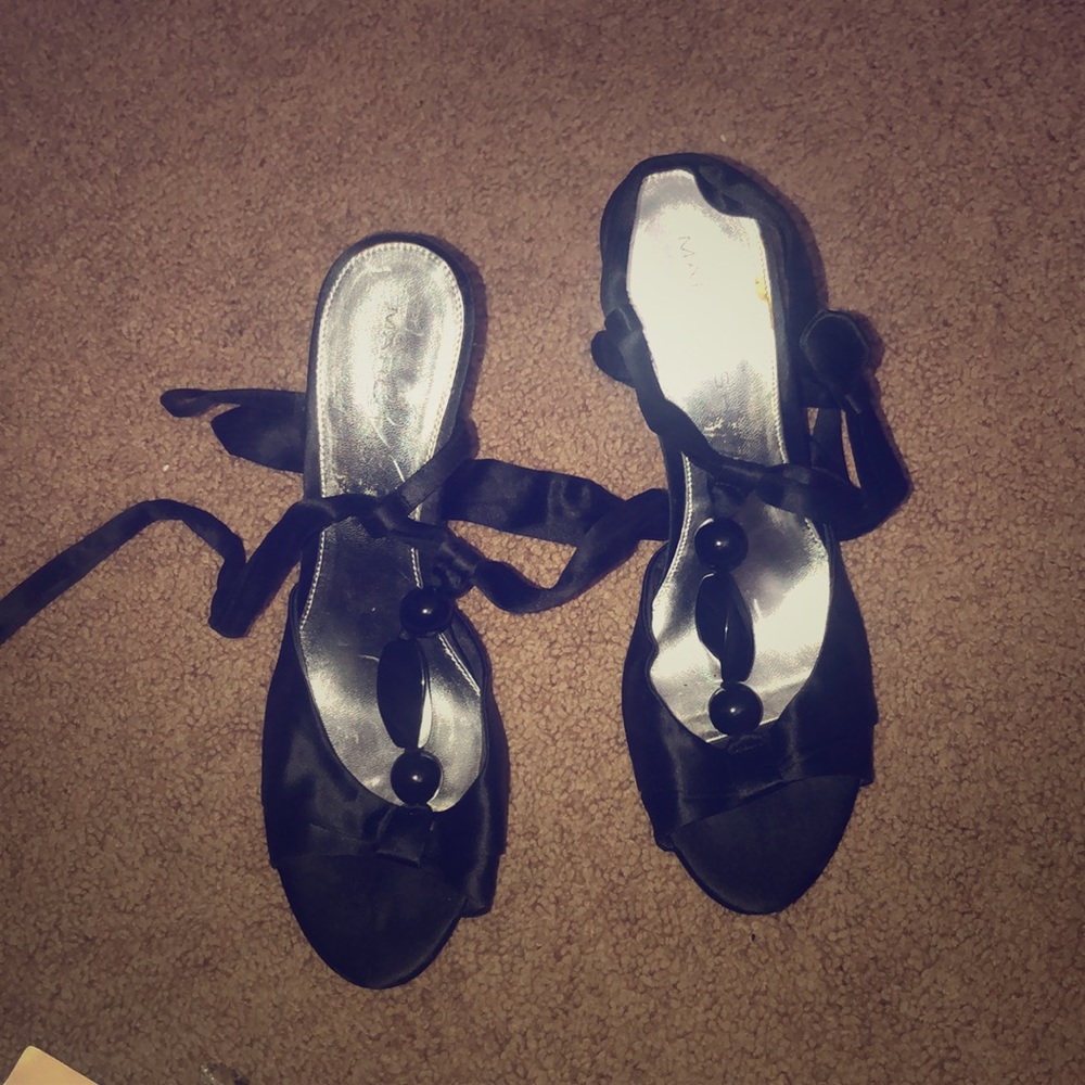 Black satin heeled sandals
